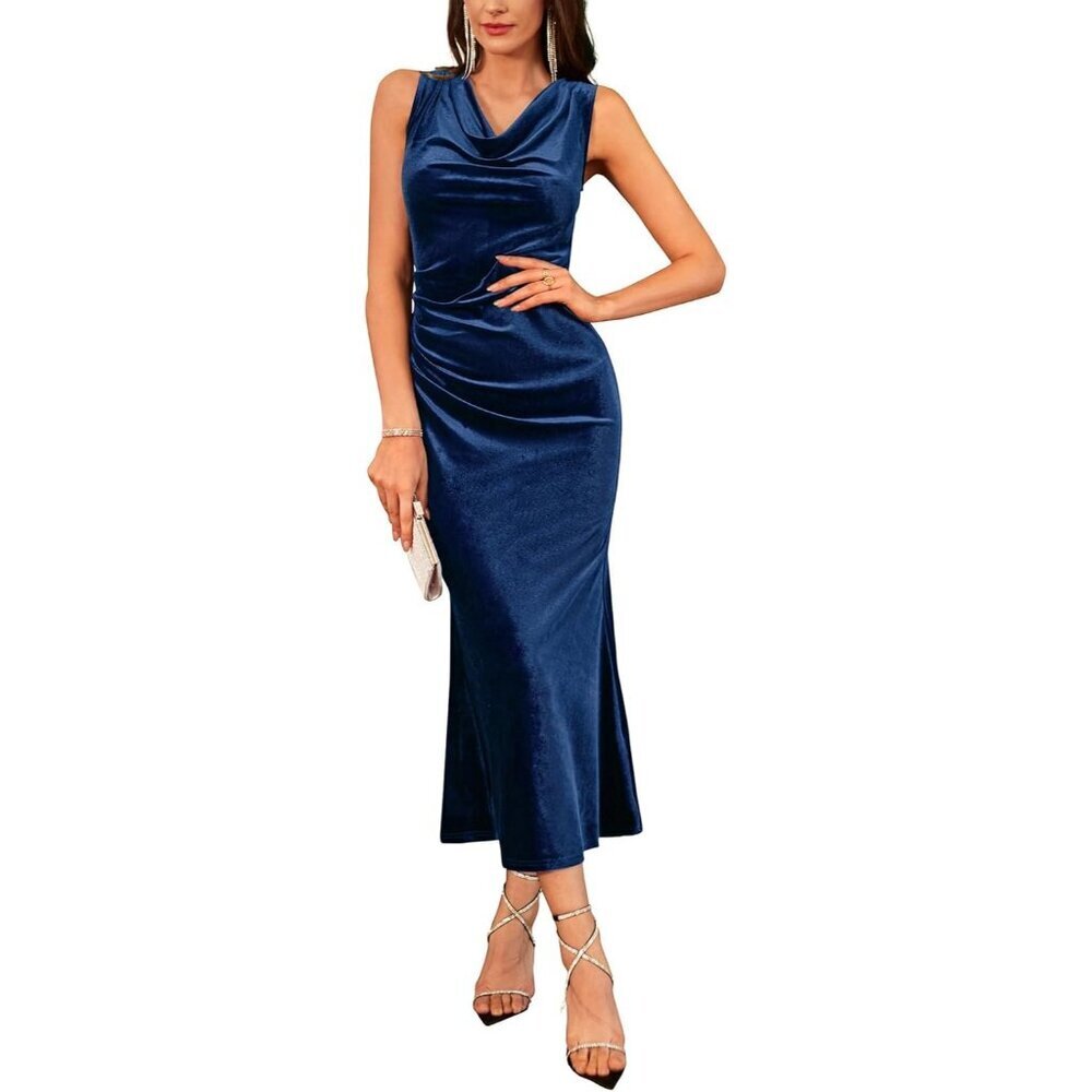 Women Navy Blue Flattering Cowl Neck Sleeveless Velvet Cocktail Mermaid Gown